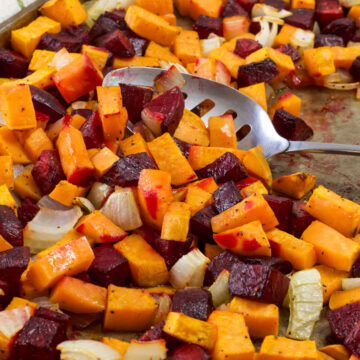 Very close up of the finished Roasted Beets and Sweet Potatoes.