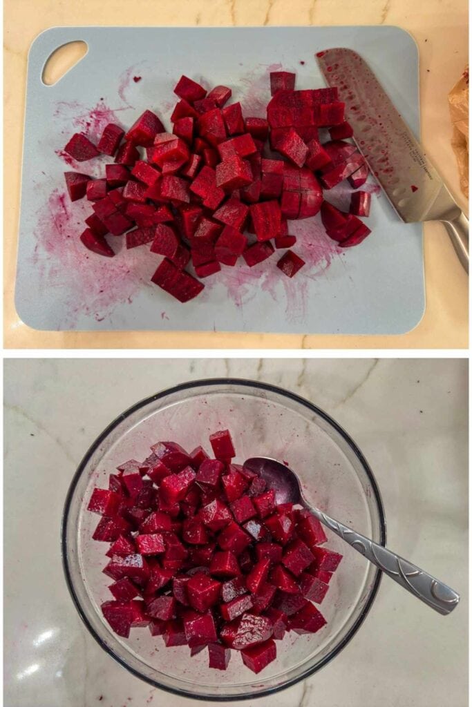 The chopped beets on a cutting board and in a glass bowl mixed with the oil and seasonings.