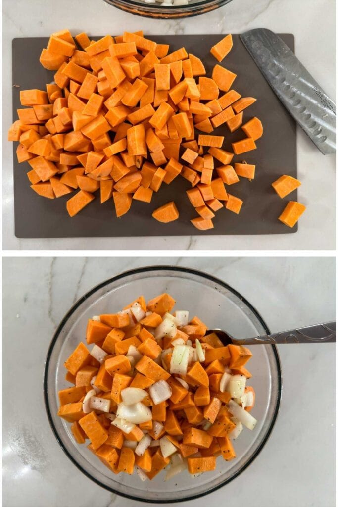 The sweet potatoes chopped on a cutting board and in a bowl mixed with the onion, oil, and seasonings.