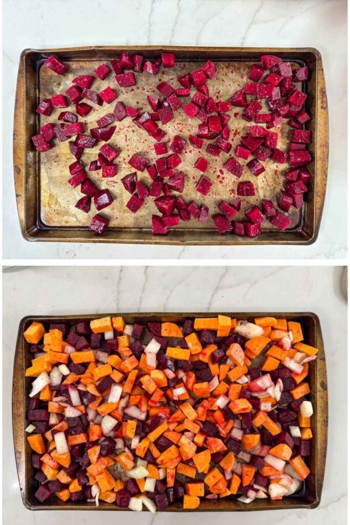 Just the beets on the baking sheet and then with the sweet potatoes and onions added.