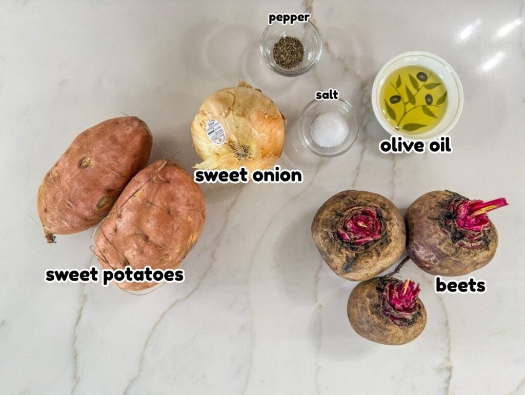 All of the ingredients needed to make the Roasted Beets and Sweet Potatoes recipe.