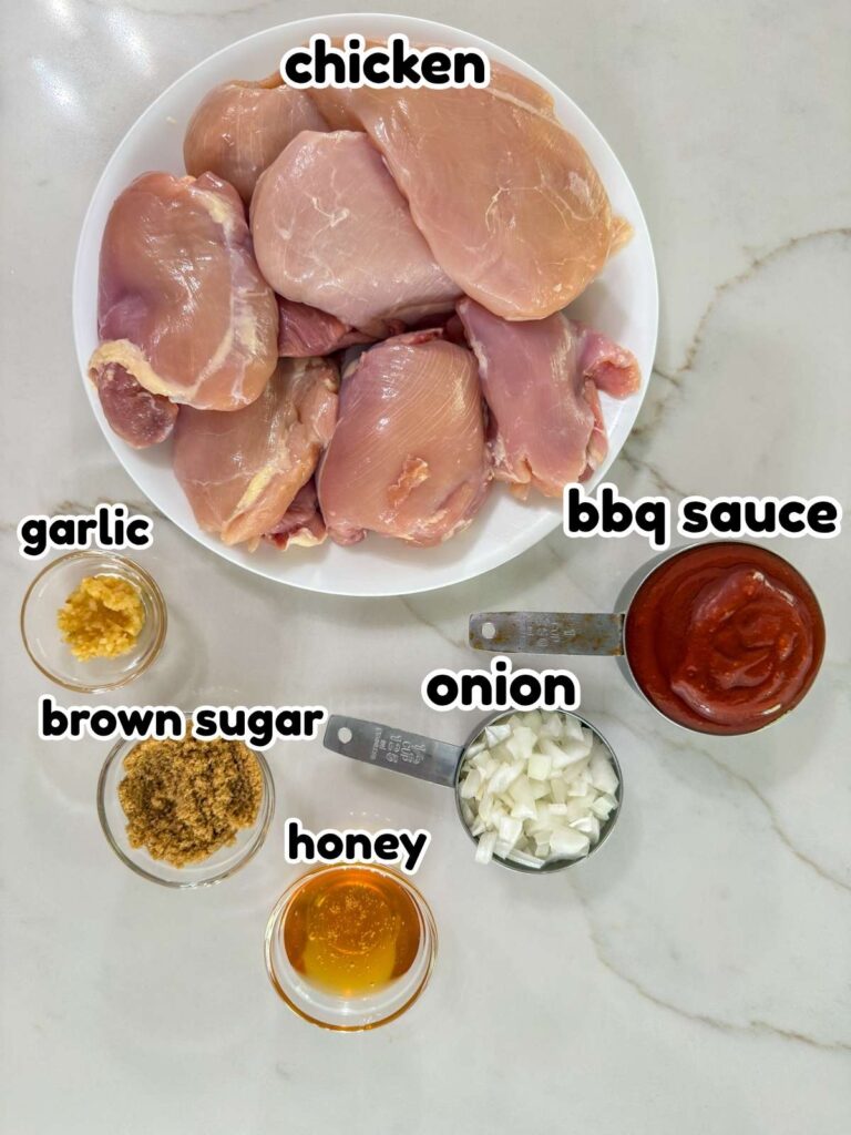 All of the ingredients measured out to make the Slow Cooker Barbecue Chicken recipe.