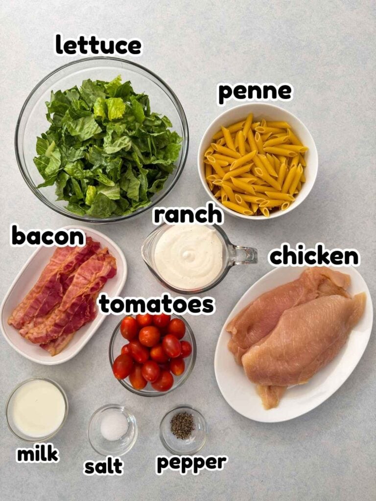 All of the ingredients needed to make the Chicken BLT Pasta Salad recipe.