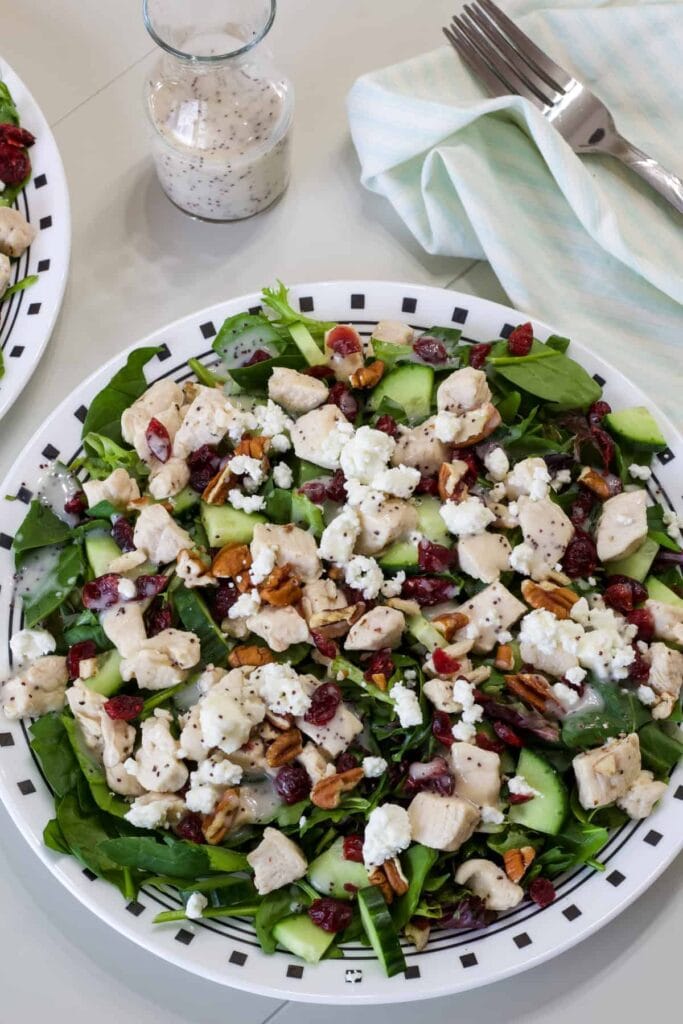 One salad on a white and black plate with a napkin and fork next to it.
