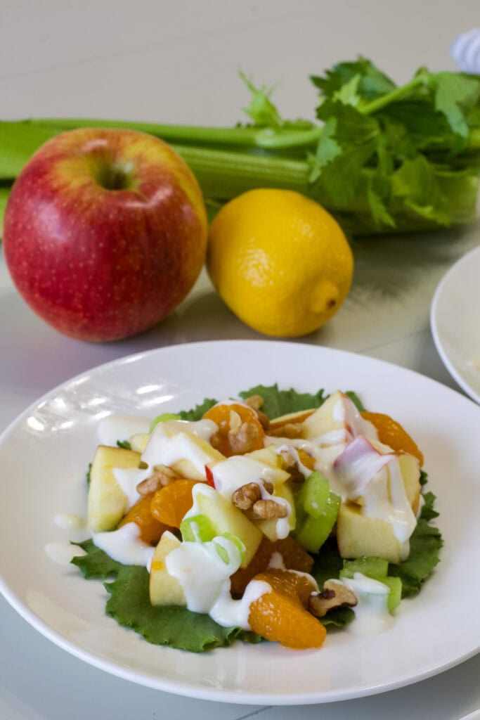One serving of Mandarin Orange & Apple Salad on a plate with an apple, a lemon and celery in the background.