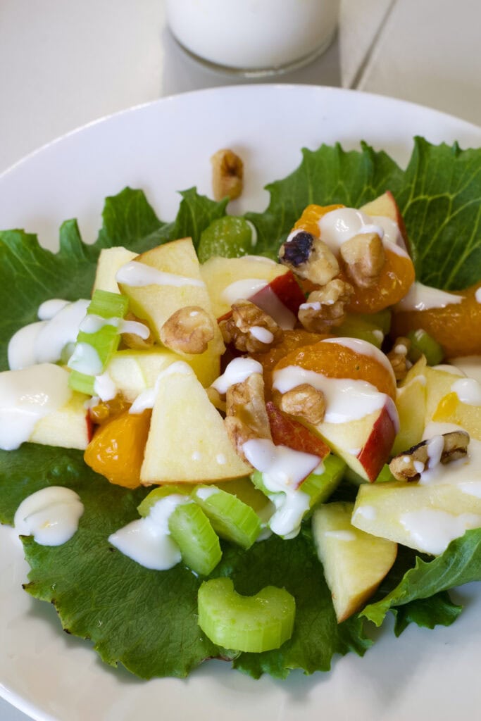 Very close up overhead shot of one serving of Mandarin Orange & Apple Salad on a plate.