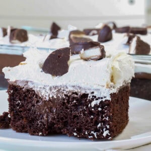 The side view of one piece of Peppermint Mocha Poke Cake.