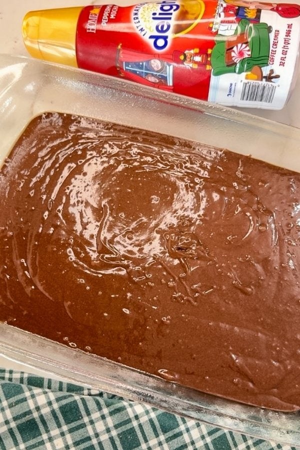 The cake batter in a 9 X 13 inch baking dish ready to go into the oven.
