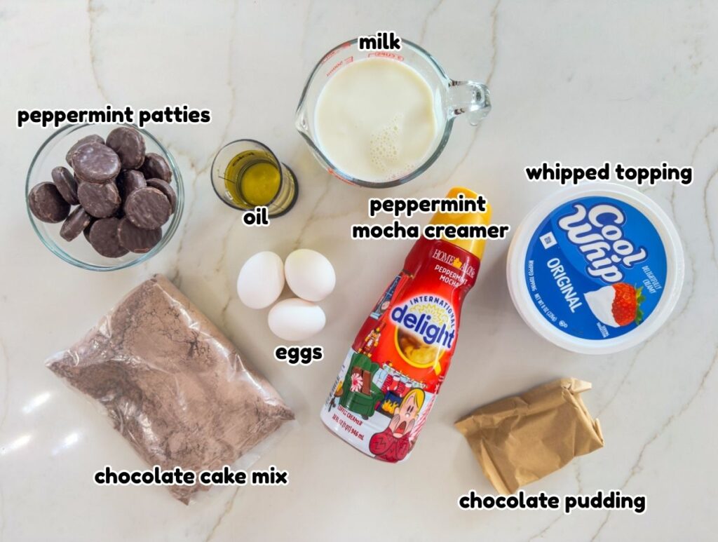 All of the ingredients needed to make the Peppermint Mocha Poke Cake recipe.