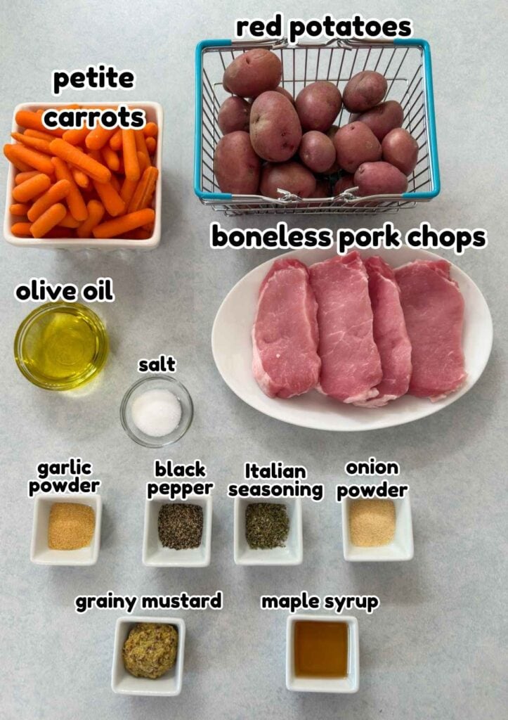 All of the ingredients to make the Pork Chop Sheet Pan Dinner recipe.