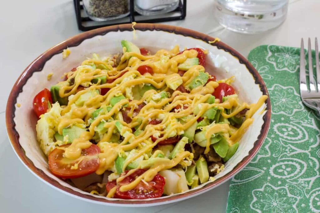 Close up side view of one Breakfast Burrito Bowl.