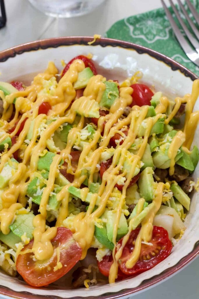 Very close up of one serving of Breakfast Burrito Bowls.
