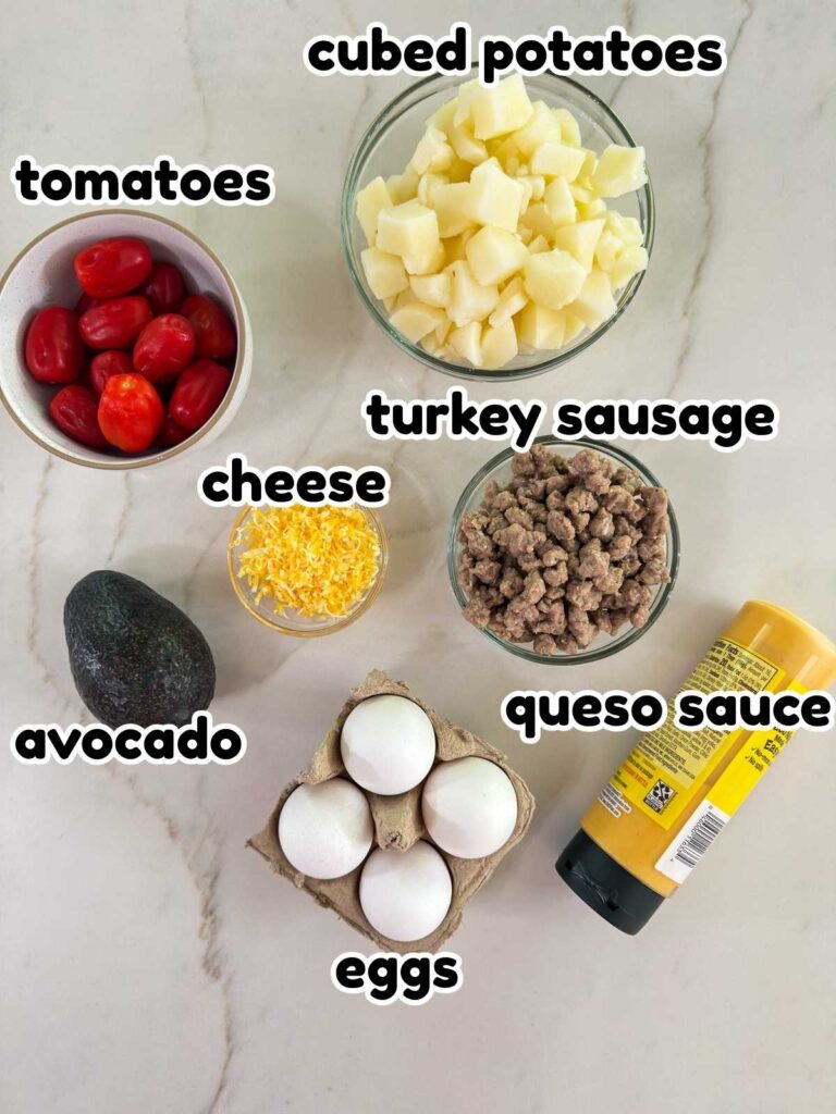 All of the ingredients needed to make the Breakfast Burrito Bowls recipe.