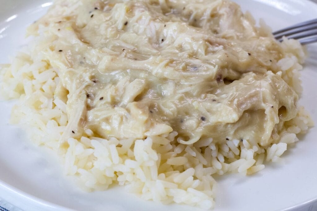 A serving of chicken gravy over rice.