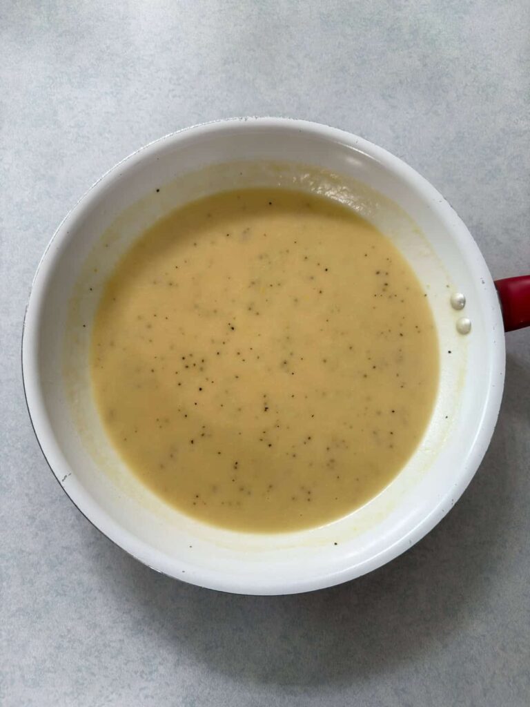 The thickened chicken gravy ready for the chicken to be added.