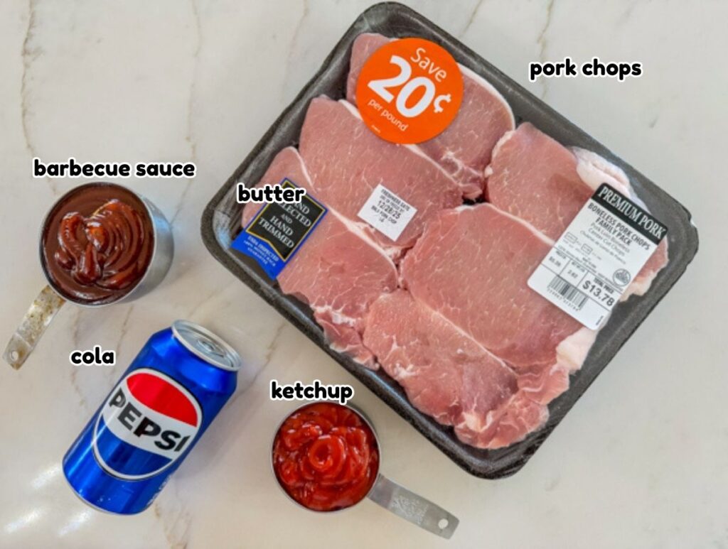 All of the ingredients needed to make the Crockpot BBQ Cola Pork Chops recipe.