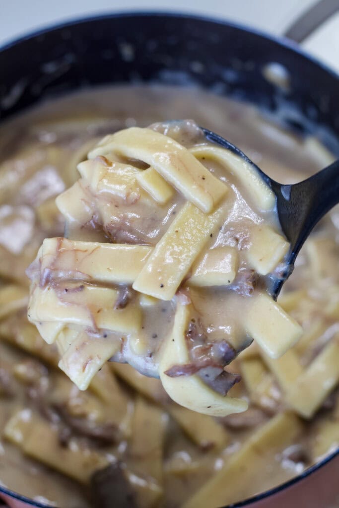 A ladle full of Leftover Roast Beef and Noodles over the pot of beef and noodles.