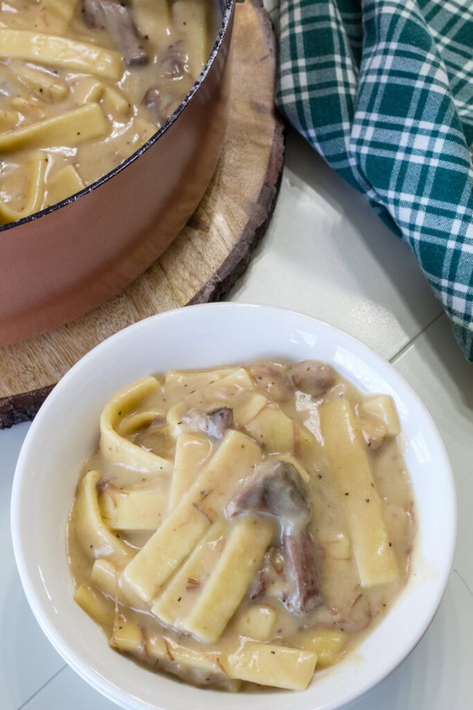 A serving of Leftover Roast Beef and Noodles in a bowl next to the pot of beef and noodles.