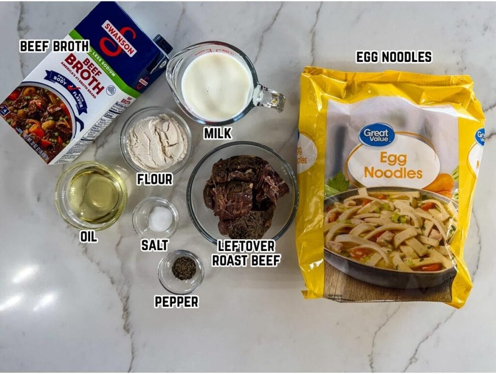 All of the ingredients needed to make the Leftover Roast Beef and Noodles recipe.