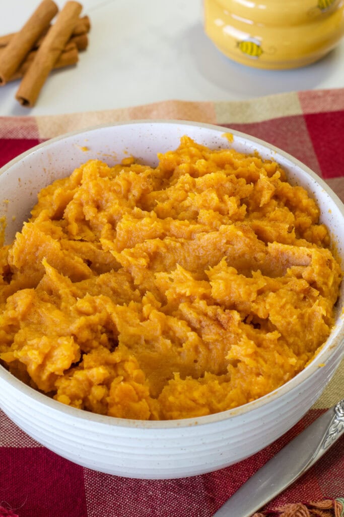 Overhead close up of the Mashed Sweet Potatoes in a serving bowl.