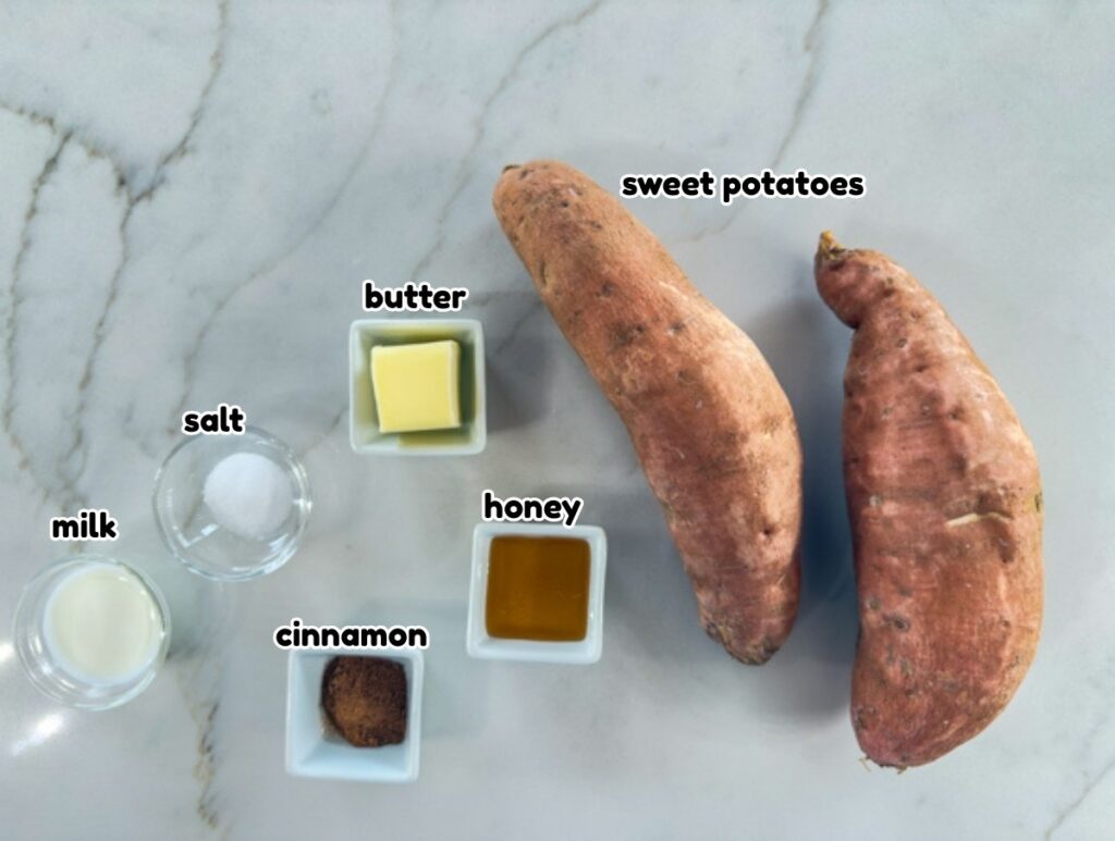 All of the ingredients needed to make the Mashed Sweet Potatoes recipe.