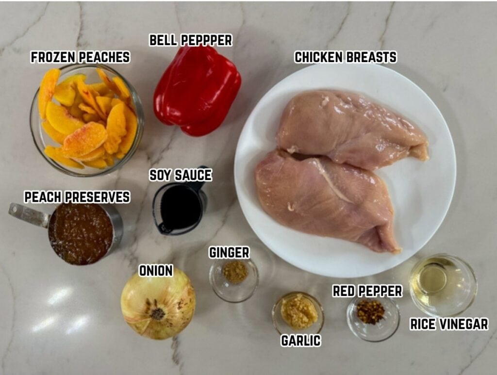 All of the ingredients measured out to make the Slow Cooker Peach Chicken recipe.