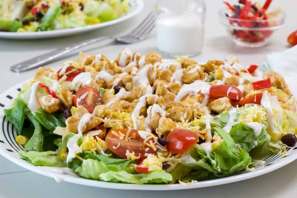 Side close up view of one Southwest BBQ Chicken Salad.