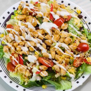 Overhead view of the finished Southwest BBQ Chicken Salad ready to be eaten.