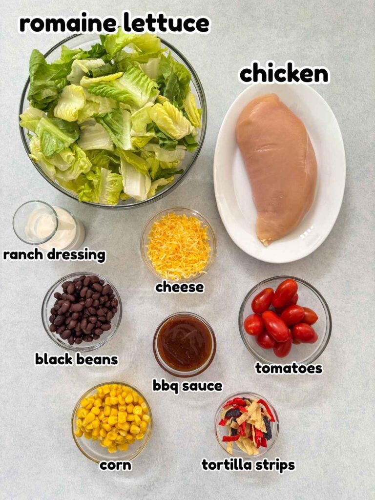 All of the ingredients needed to make the Southwest BBQ Chicken Salad recipe.