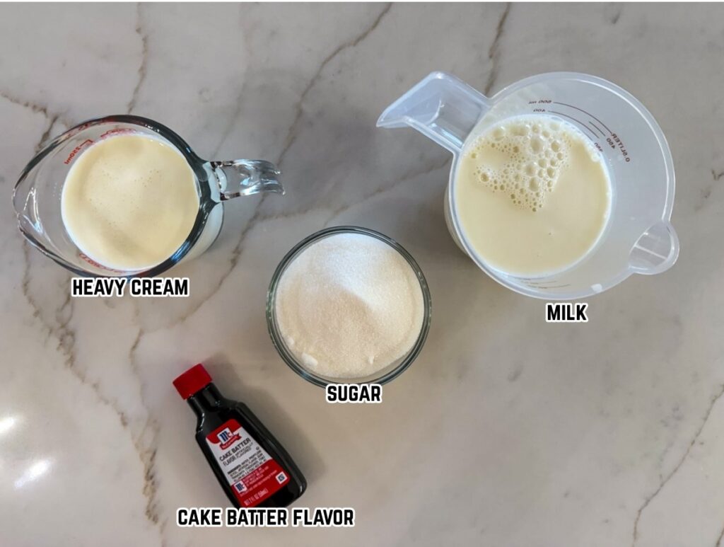 All of the ingredients needed to make the Birthday Cake Coffee Creamer Recipe.