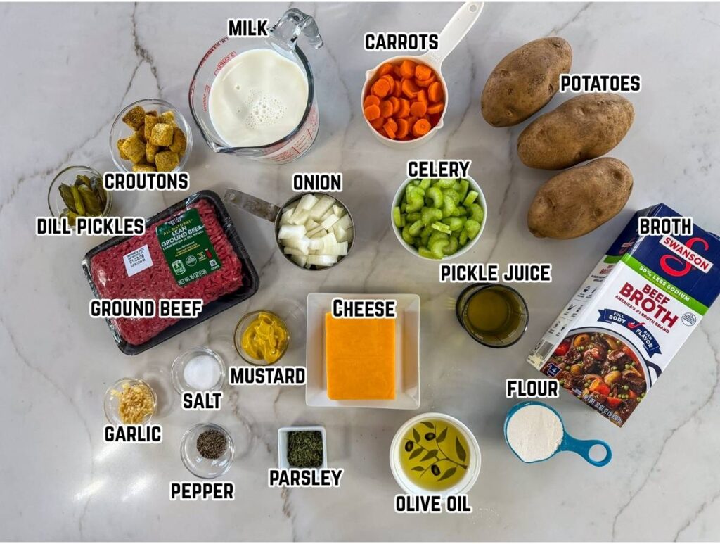 All of the ingredients needed to make the Easy Cheeseburger Soup with Dill Pickles recipe.