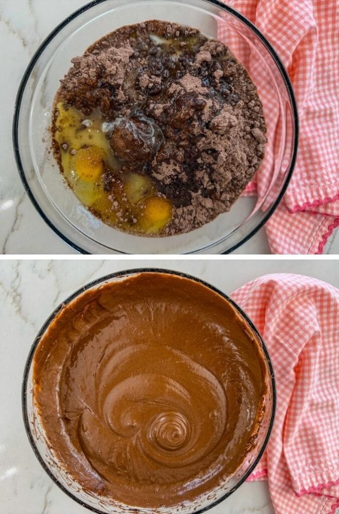 The ingredients for the cake before and after being mixed together.