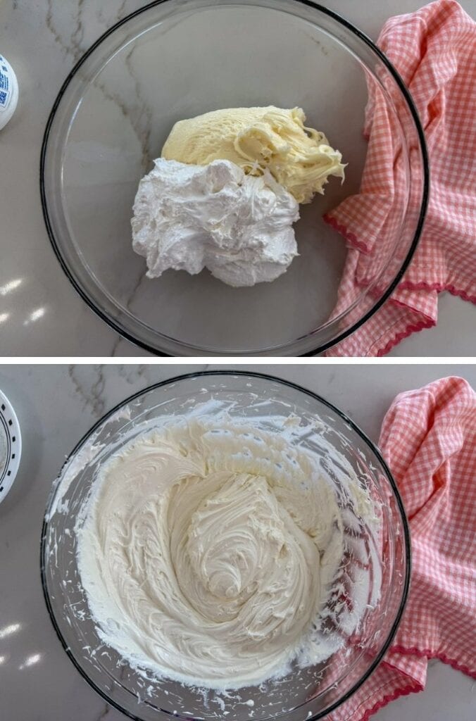 The marshmallow cream in a large bowl before and after being mixed together.