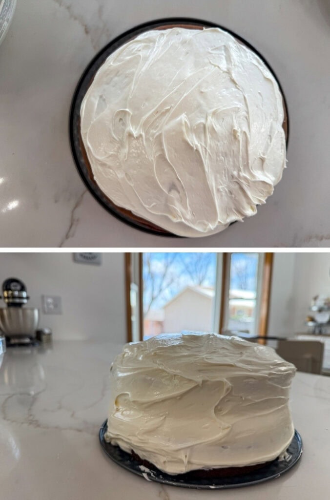 Frositng on the first layer and the entire frosted cake.