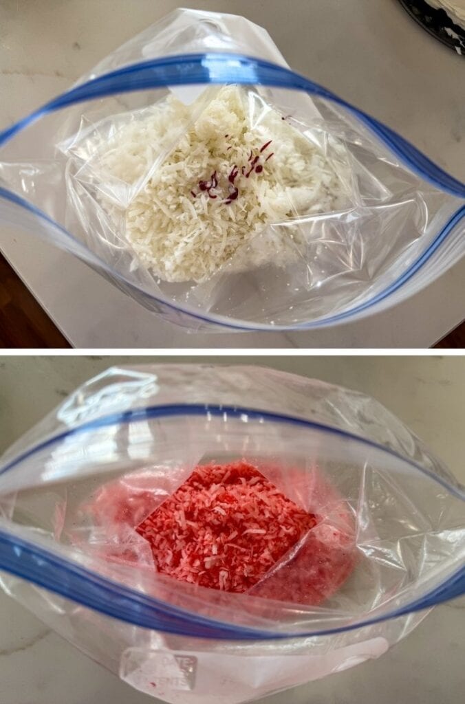 The flaked coconut in a large zip top bag with the red food coloring, before and after being mixed together.