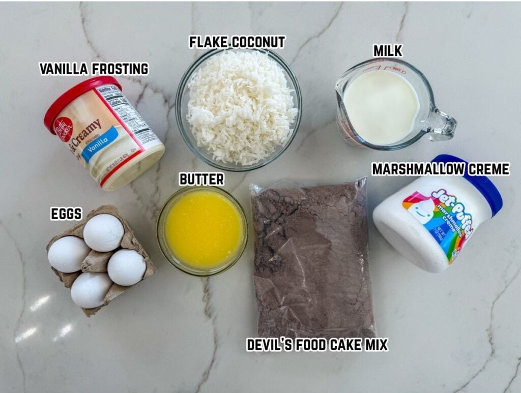 All of the ingredients labeled to make the Easy Hostess Inspired Snoball Cake recipe