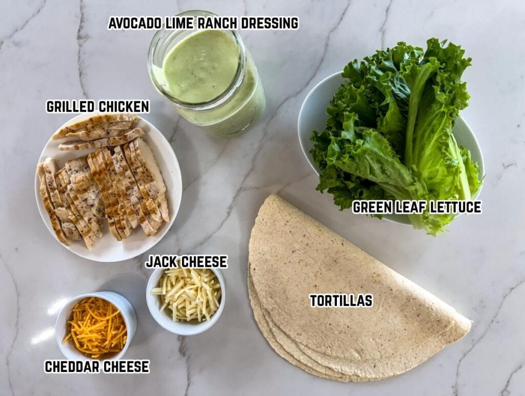 All of the ingredients needed to make the Grilled Chicken Cool Wrap (copycat Chick-fil-A) recipe.