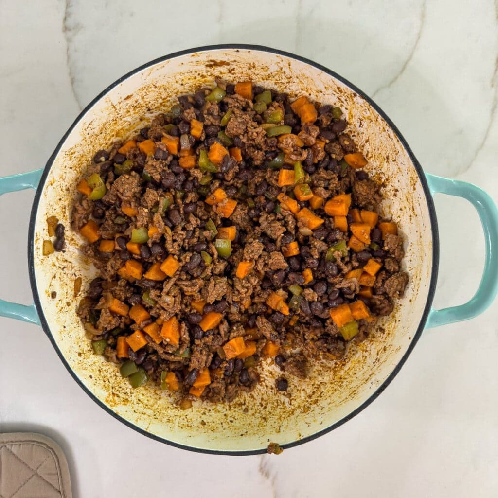 The Ground Beef Sweet Potato Hash after the sweet potatoes have been cooked and it's ready to serve.