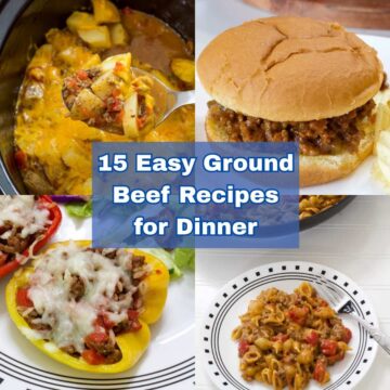Collage of four ground beef recipes including hamburger casserole, sloppy joes, stuffed bell peppers and cheesy Italian shells.