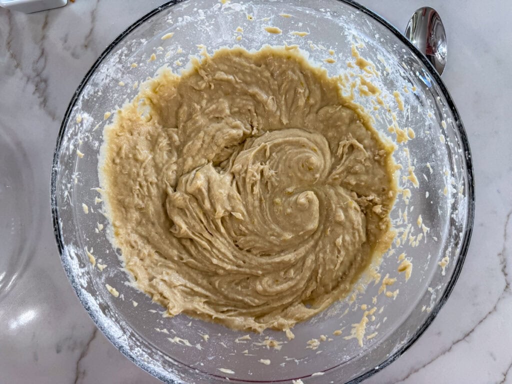The wet ingredients mixed in with the flour mixture.