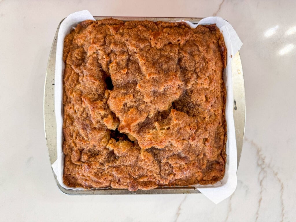 The baked banana sour cream coffee cake ready for the glaze.
