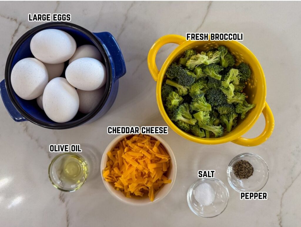 All of the ingredients needed to make the Broccoli and Cheese Frittata recipe.