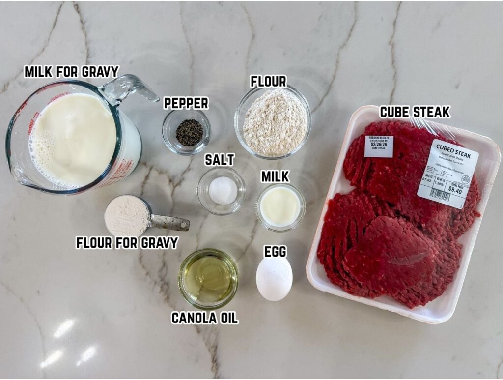 All of the ingredients needed to make the Chicken Fried Steak with Cream Gravy recipe.