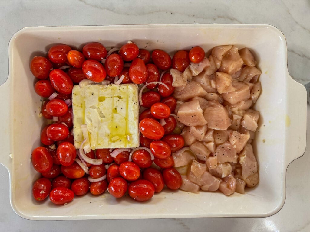 The raw ingredients in the baking dish before going in the oven.