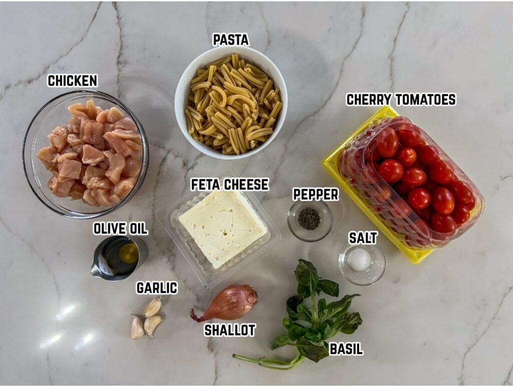 All of the ingredients needed to make the Easy Baked Feta Pasta with Chicken recipe.