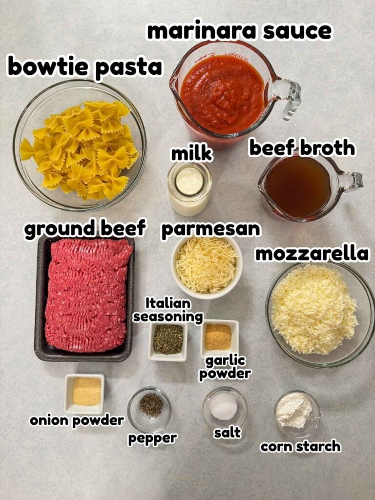 All of the ingredients needed to make the Homemade Hamburger Helper Lasagna recipe.