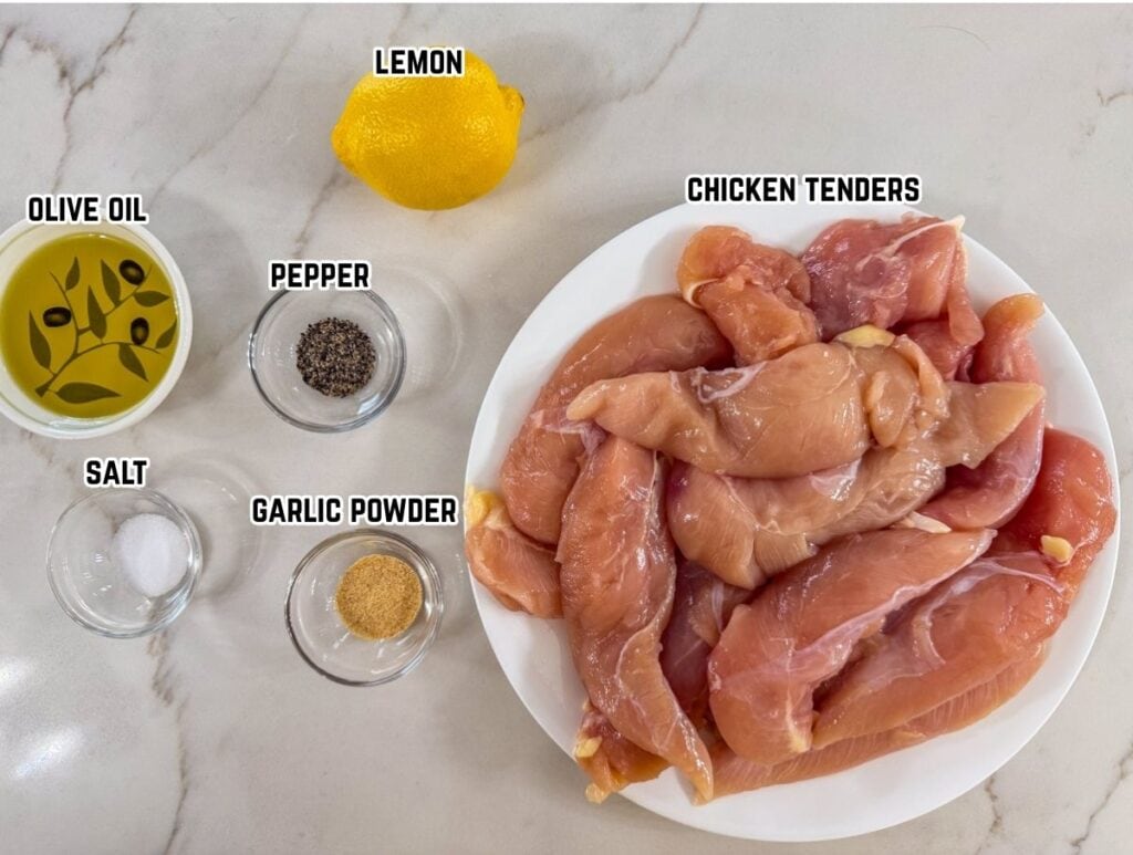 All of the ingredients needed to make the Lemon Pepper Chicken Strips recipe.