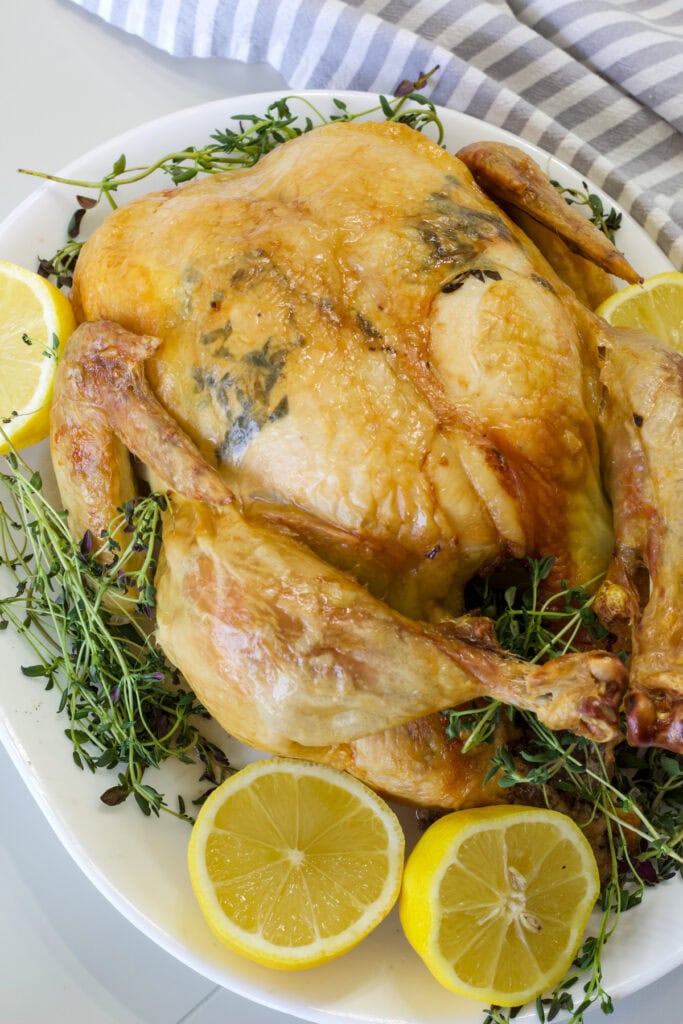 Delicious roasted chicken garnished with fresh herbs and lemon slices, perfect for a flavorful family dinner.