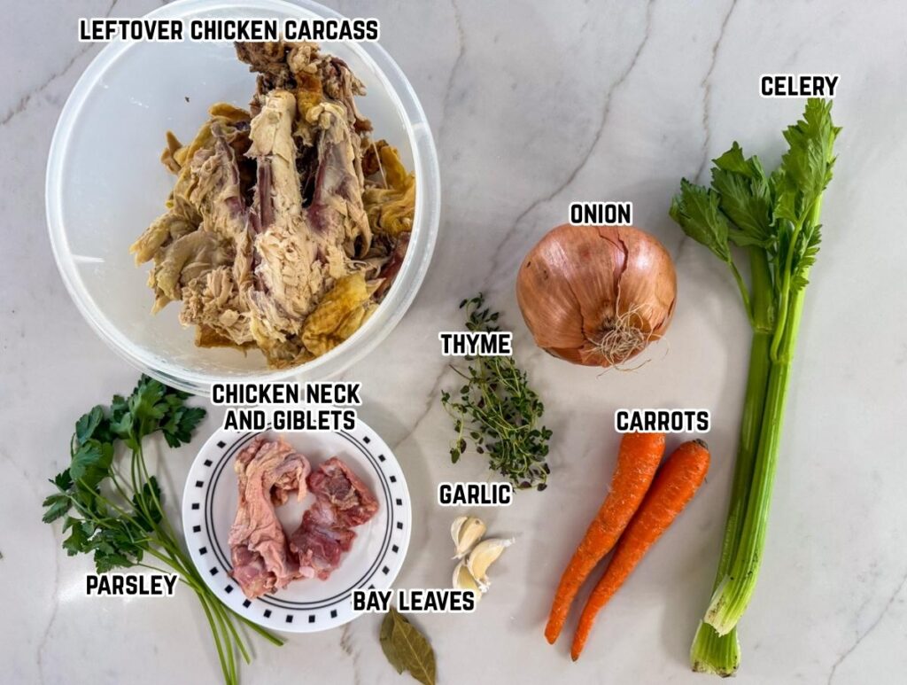 All of the ingredients needed to make the Slow Cooker Chicken Stock recipe.