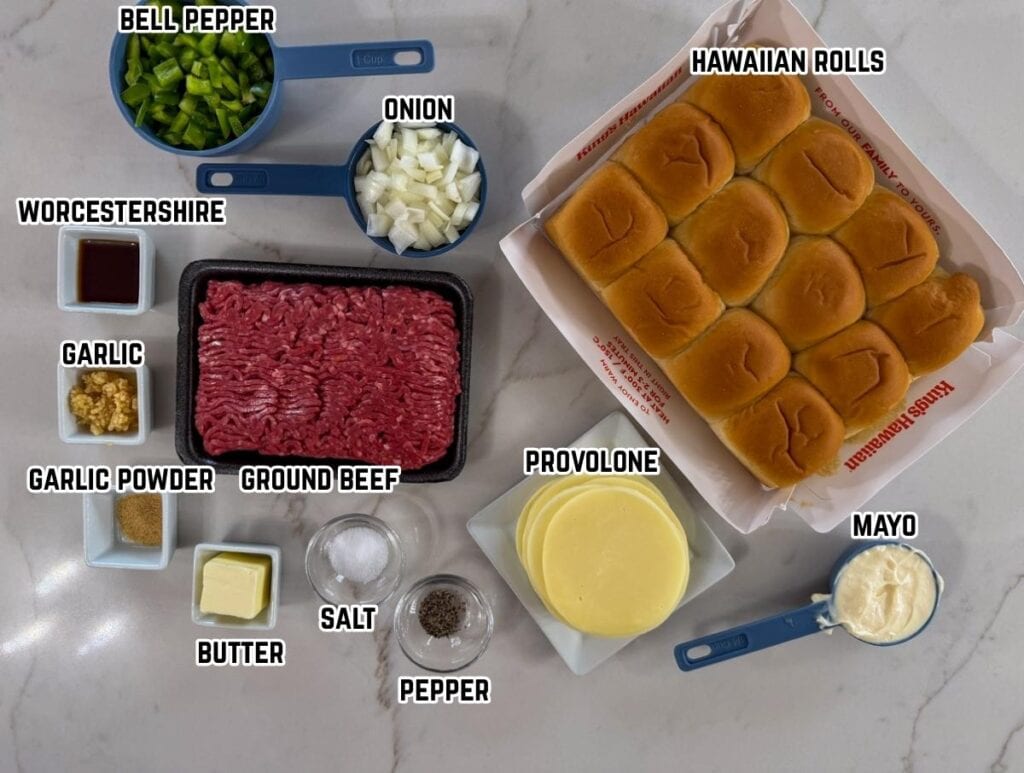 All of the ingredients needed to make the Ground Beef Philly Cheesesteak Sliders recipe.